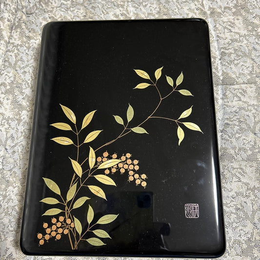 Japanese Lacquer Writing Box Suzuribako with Gold Maki-e Nandina Design