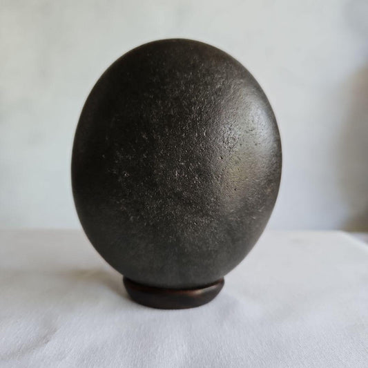 Japanese Suiseki Viewing Stone Kuroishi Black Oval with Rosewood Dai Stand Approx. 10 x 7 x 3.5 cm