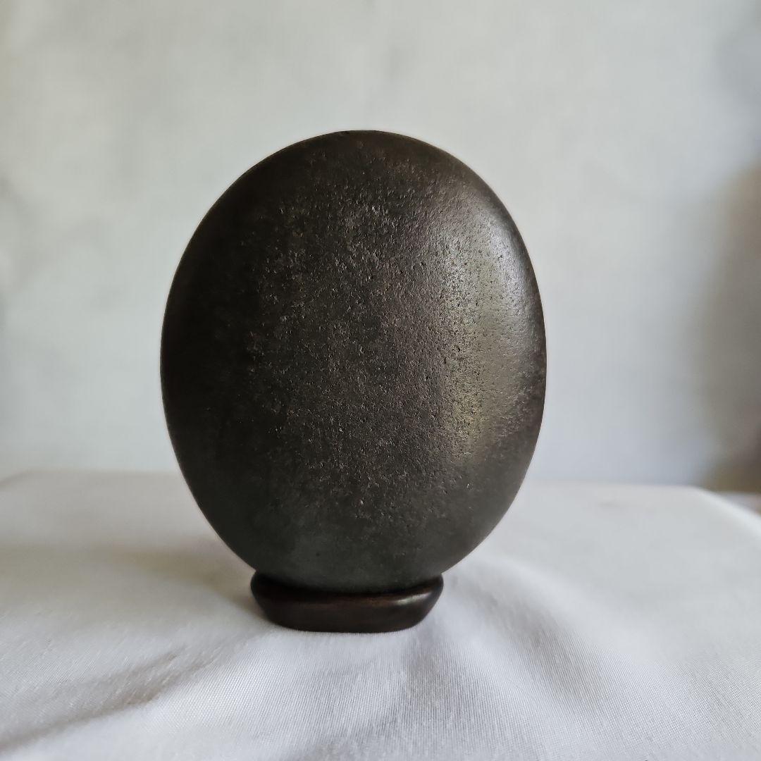 Japanese Suiseki Viewing Stone Kuroishi Black Oval with Rosewood Dai Stand Approx. 10 x 7 x 3.5 cm