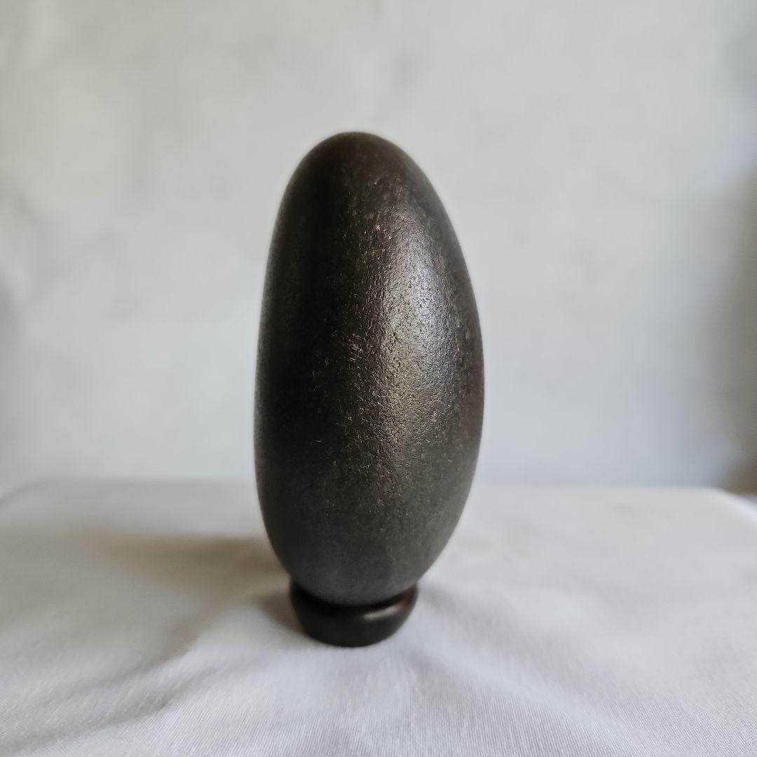 Japanese Suiseki Viewing Stone Kuroishi Black Oval with Rosewood Dai Stand Approx. 10 x 7 x 3.5 cm