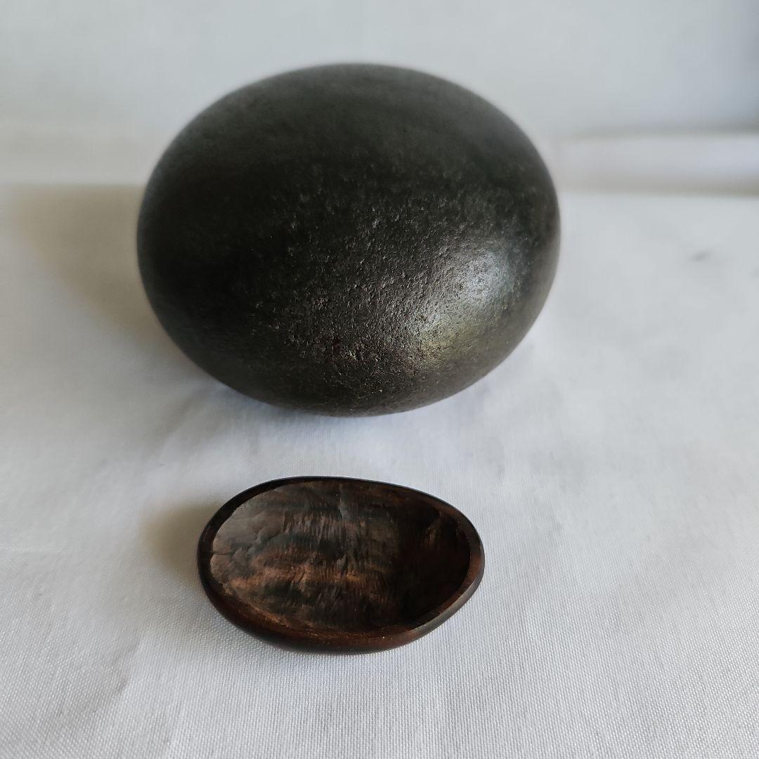 Japanese Suiseki Viewing Stone Kuroishi Black Oval with Rosewood Dai Stand Approx. 10 x 7 x 3.5 cm