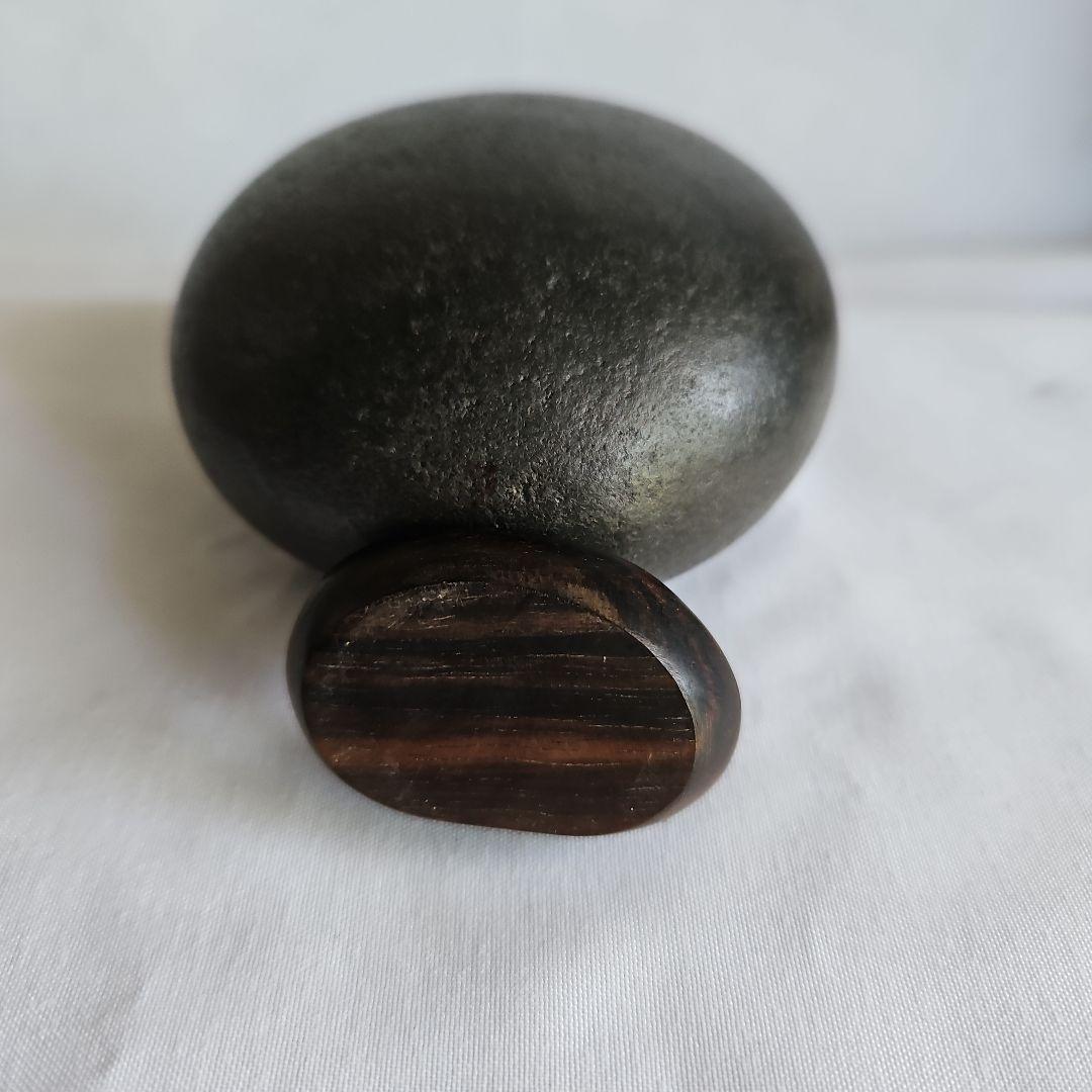 Japanese Suiseki Viewing Stone Kuroishi Black Oval with Rosewood Dai Stand Approx. 10 x 7 x 3.5 cm