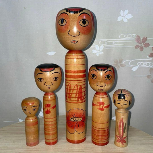 Saito Tokuju & Sato Mitsuko Set of 5 Traditional Kokeshi Dolls, Wood, Signed