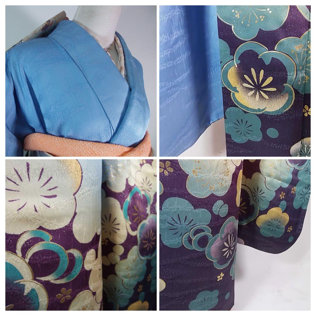Artisan Furisode and Nagajuban Set Silk Gold Leaf and Silver Thread Blue Floral