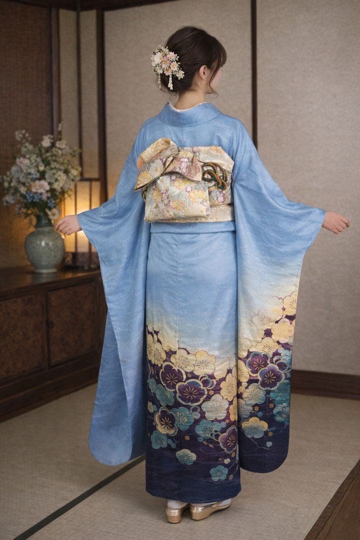 Artisan Furisode and Nagajuban Set Silk Gold Leaf and Silver Thread Blue Floral