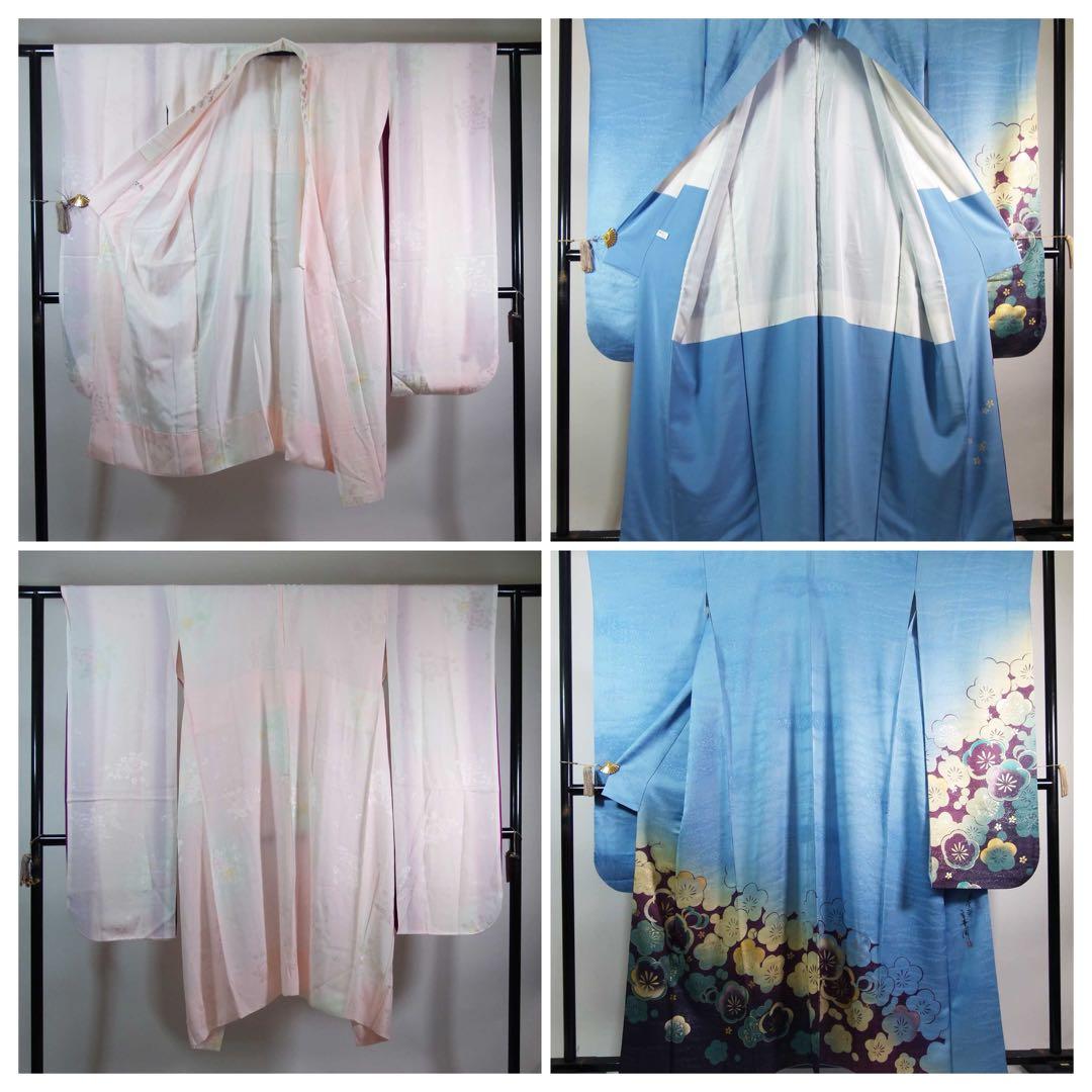 Artisan Furisode and Nagajuban Set Silk Gold Leaf and Silver Thread Blue Floral