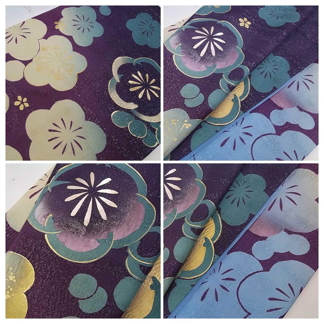 Artisan Furisode and Nagajuban Set Silk Gold Leaf and Silver Thread Blue Floral