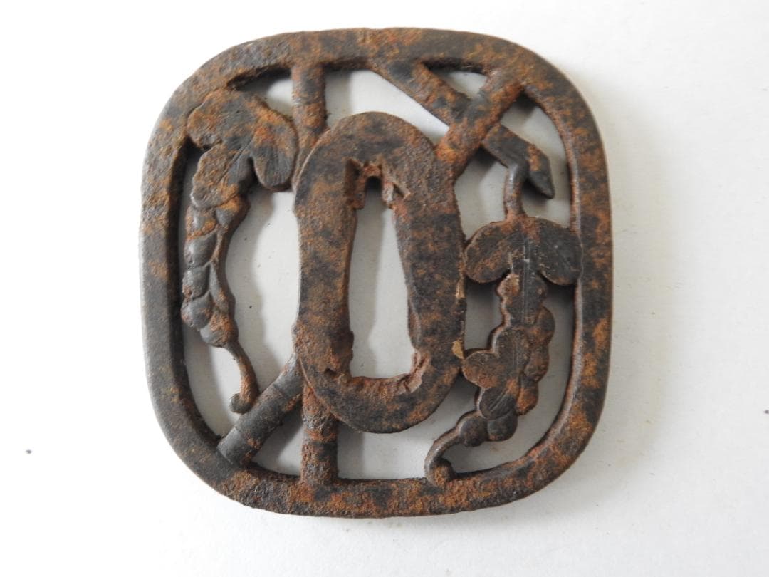 Edo Period Iron Tsuba Sword Guard with Wisteria Flower Design (Fuji)
