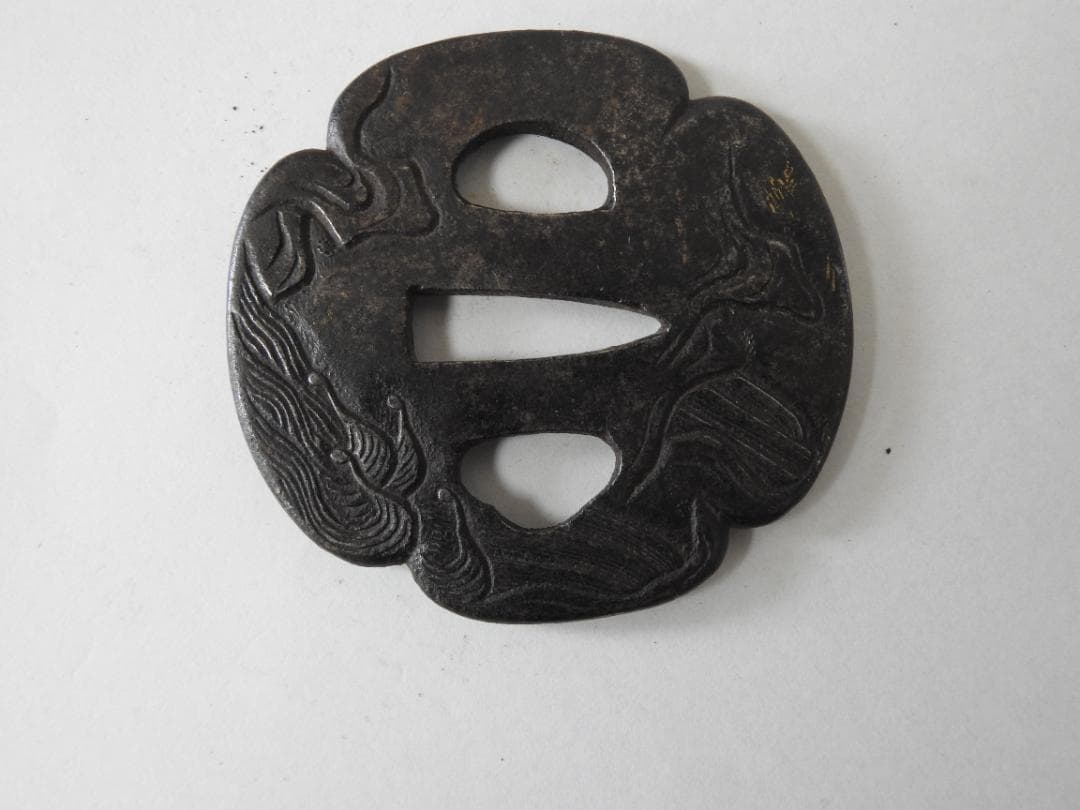 Iron Tsuba Japanese Sword Guard with Rock and Wave Motif, Edo Period