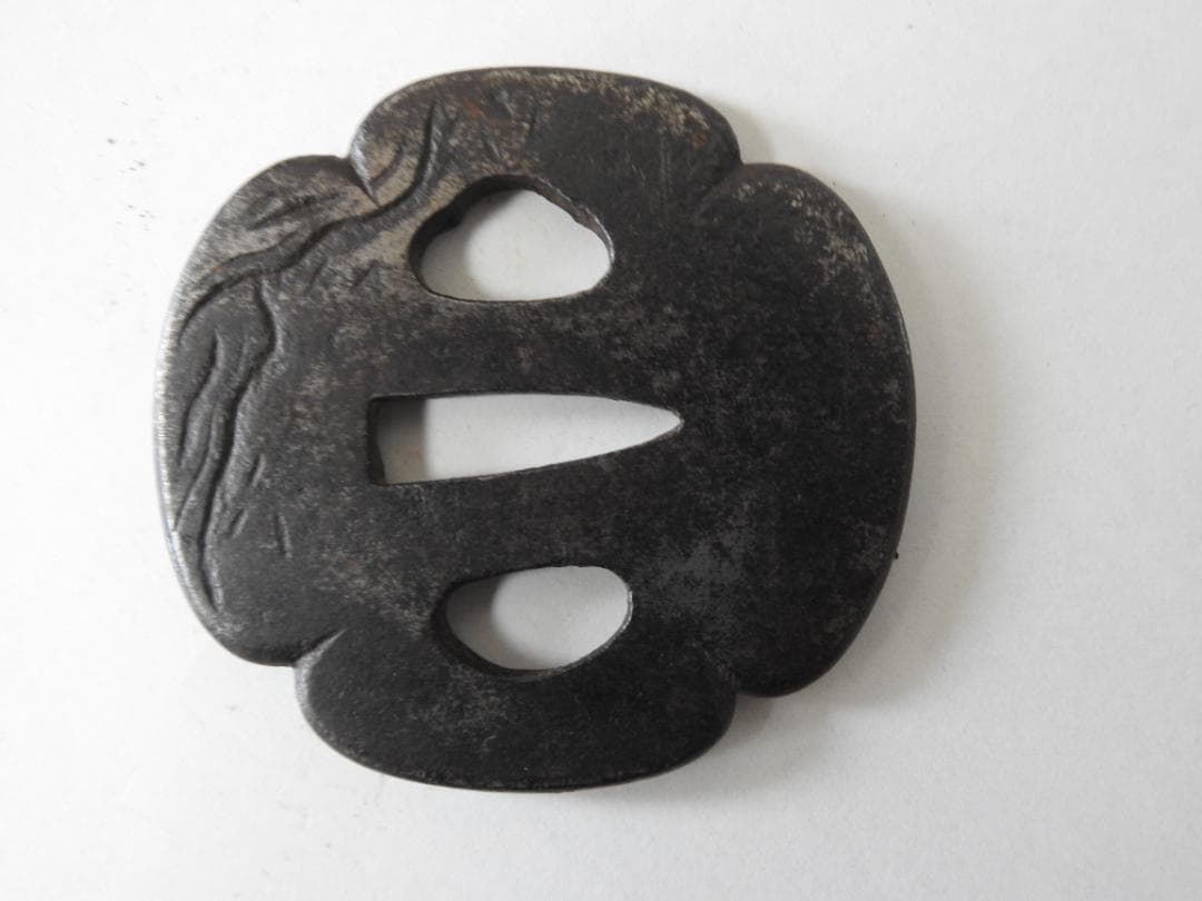 Iron Tsuba Japanese Sword Guard with Rock and Wave Motif, Edo Period