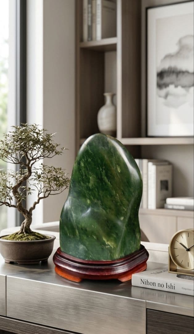 Natural Green Stone Objet with Stand, Height 20 cm