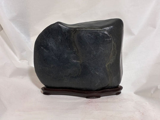 Kamuikotan Suiseki Viewing Stone, Nasukon Blue-Black, Hokkaido, with Wood Stand