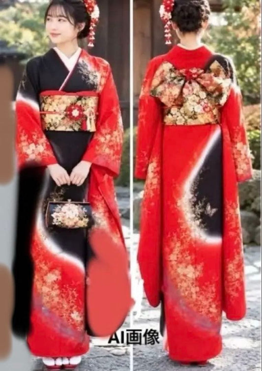 Silk Furisode Kimono Red Black Gradation Dye Gold Butterfly Floral, Signed (Kinoshita Mori?)