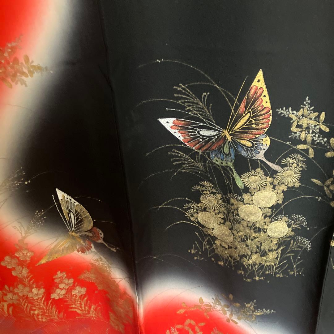 Silk Furisode Kimono Red Black Gradation Dye Gold Butterfly Floral, Signed (Kinoshita Mori?)
