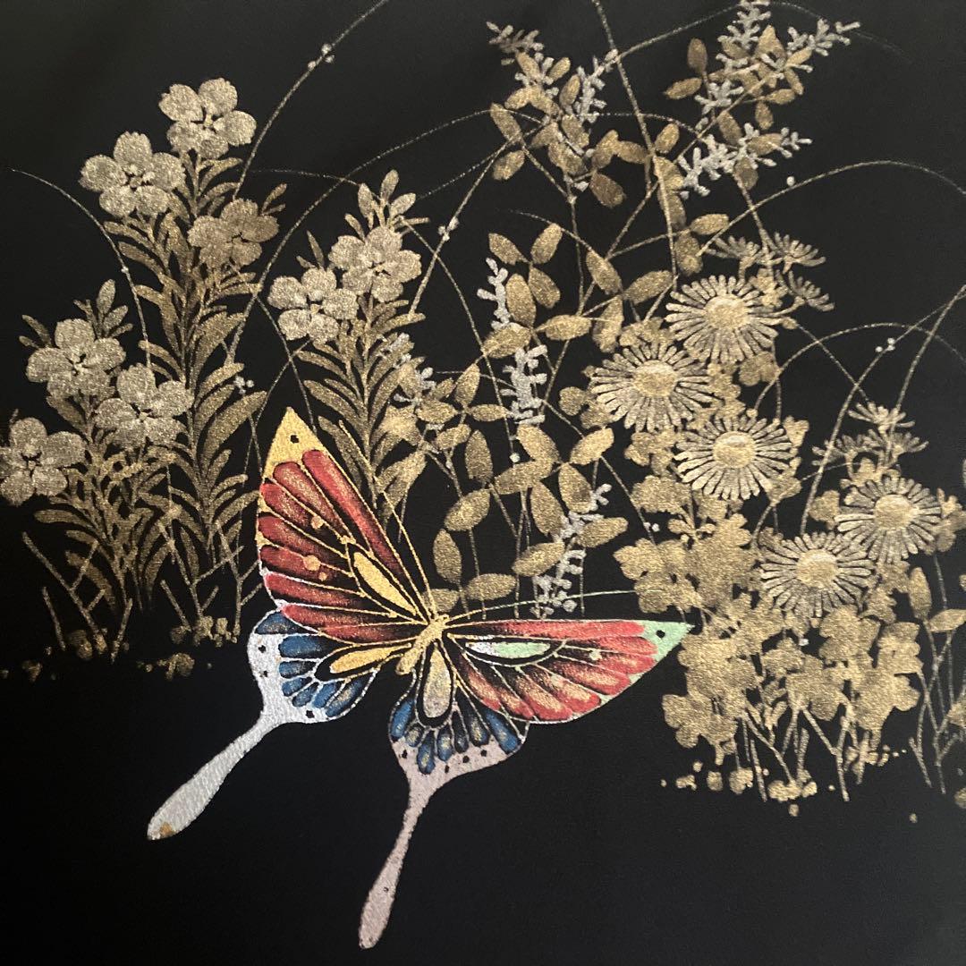 Silk Furisode Kimono Red Black Gradation Dye Gold Butterfly Floral, Signed (Kinoshita Mori?)