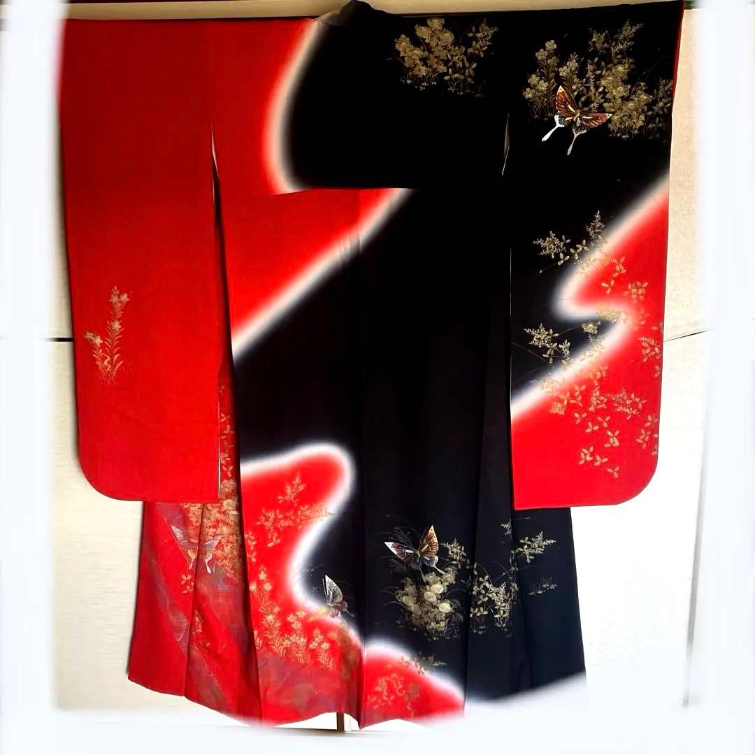 Silk Furisode Kimono Red Black Gradation Dye Gold Butterfly Floral, Signed (Kinoshita Mori?)