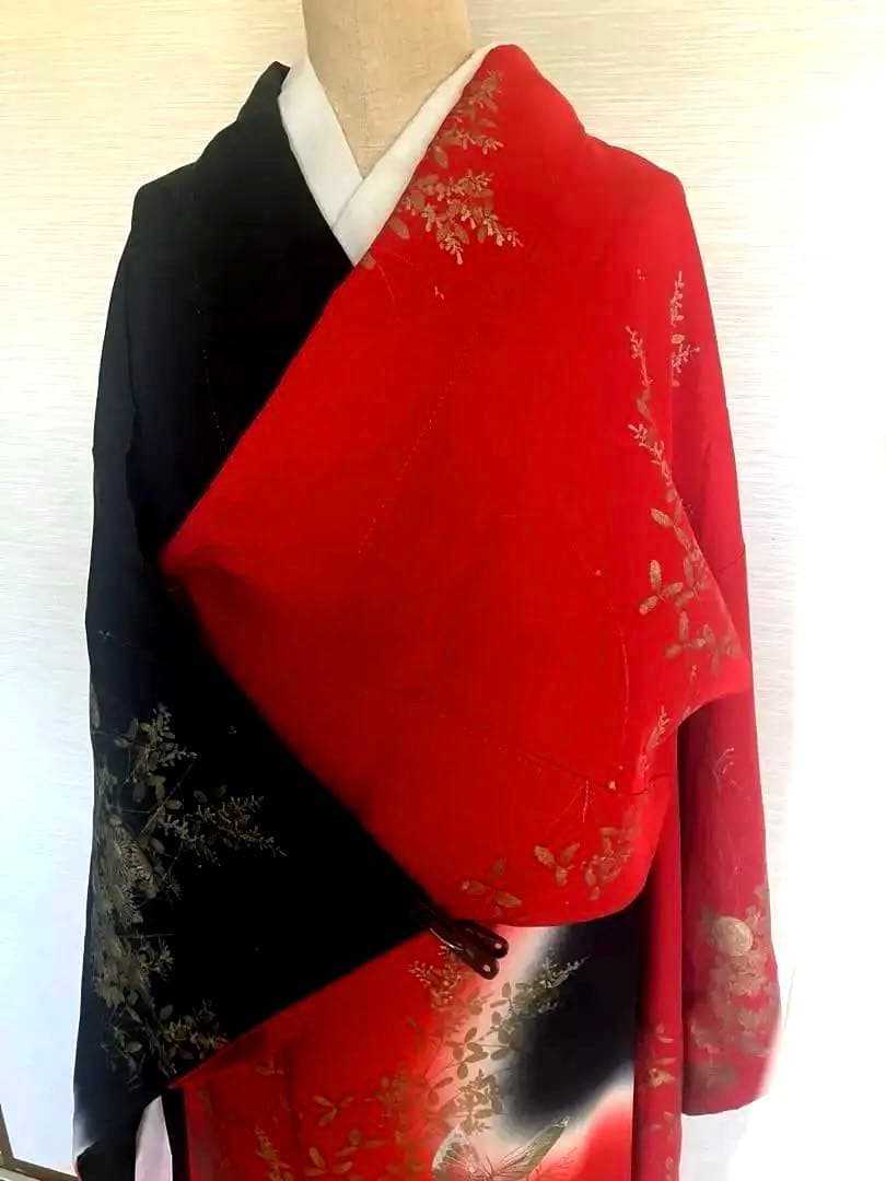 Silk Furisode Kimono Red Black Gradation Dye Gold Butterfly Floral, Signed (Kinoshita Mori?)