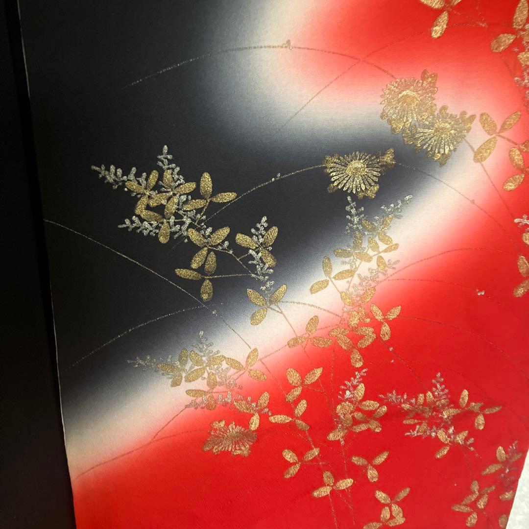 Silk Furisode Kimono Red Black Gradation Dye Gold Butterfly Floral, Signed (Kinoshita Mori?)