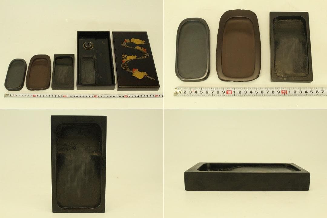 Japanese Maki-e Lacquer Suzuri-bako Writing Box and Inkstones Set 13.5 cm x 24.8 cm