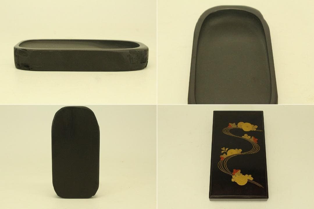 Japanese Maki-e Lacquer Suzuri-bako Writing Box and Inkstones Set 13.5 cm x 24.8 cm