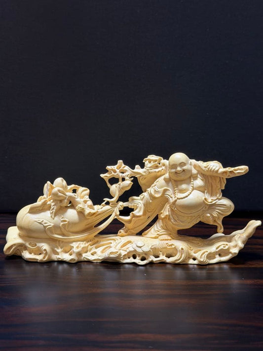 Set of 4 Wood Carvings: Boxwood Maitreya Buddha, Cicada Netsuke, Dragon, Agarwood Pixiu