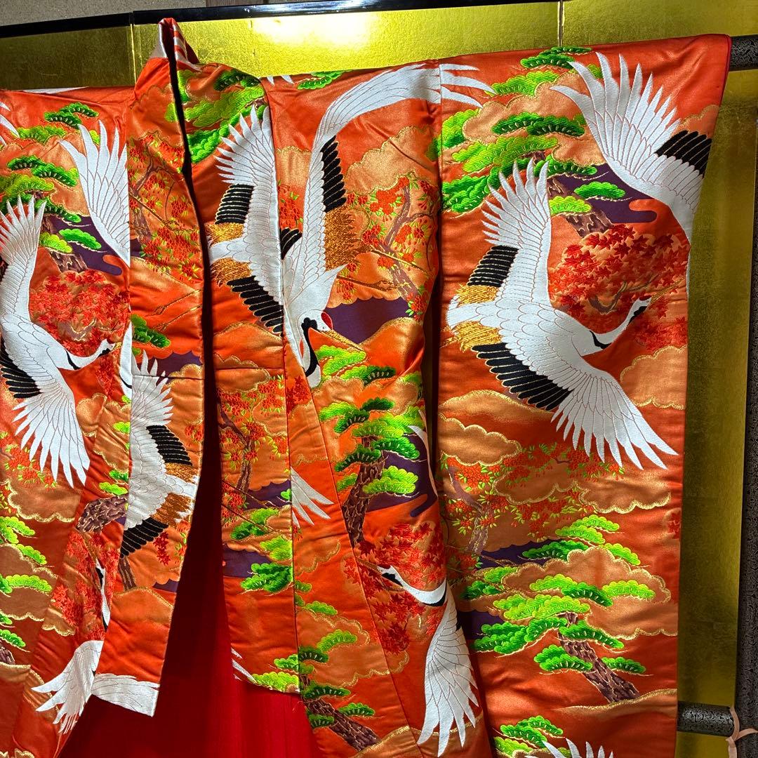 Uchikake Iro-uchikake Wedding Kimono Pure Silk Nishijin-ori Red with Cranes