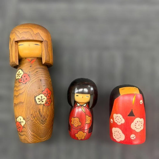 Set of Three Usaburo Kokeshi Wooden Dolls, Gunma Sosaku Creative Kokeshi