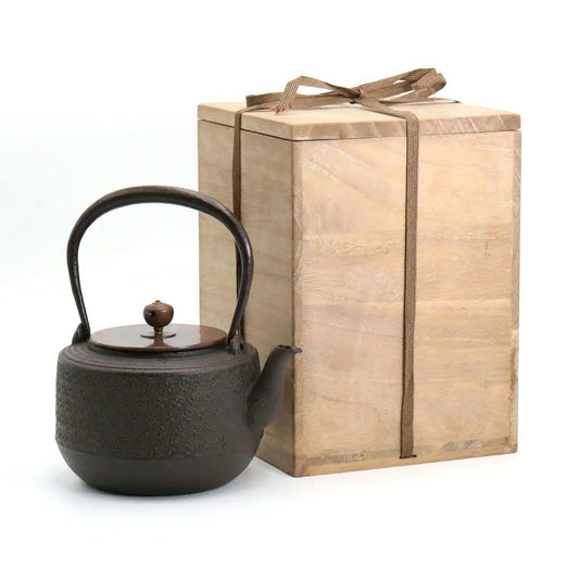 Kikuchi Masamitsu Iron Tetsubin Kettle with Tortoiseshell Motif and Copper Lid