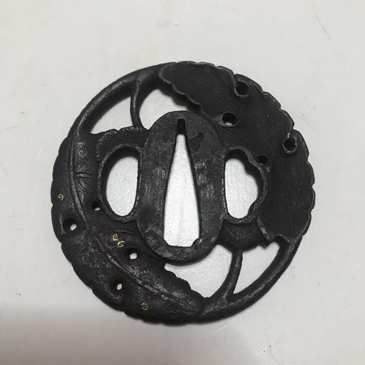 Antique Iron Tsuba Sword Guard Leaf Motif, Solid Iron, Kiri Box, 65 mm