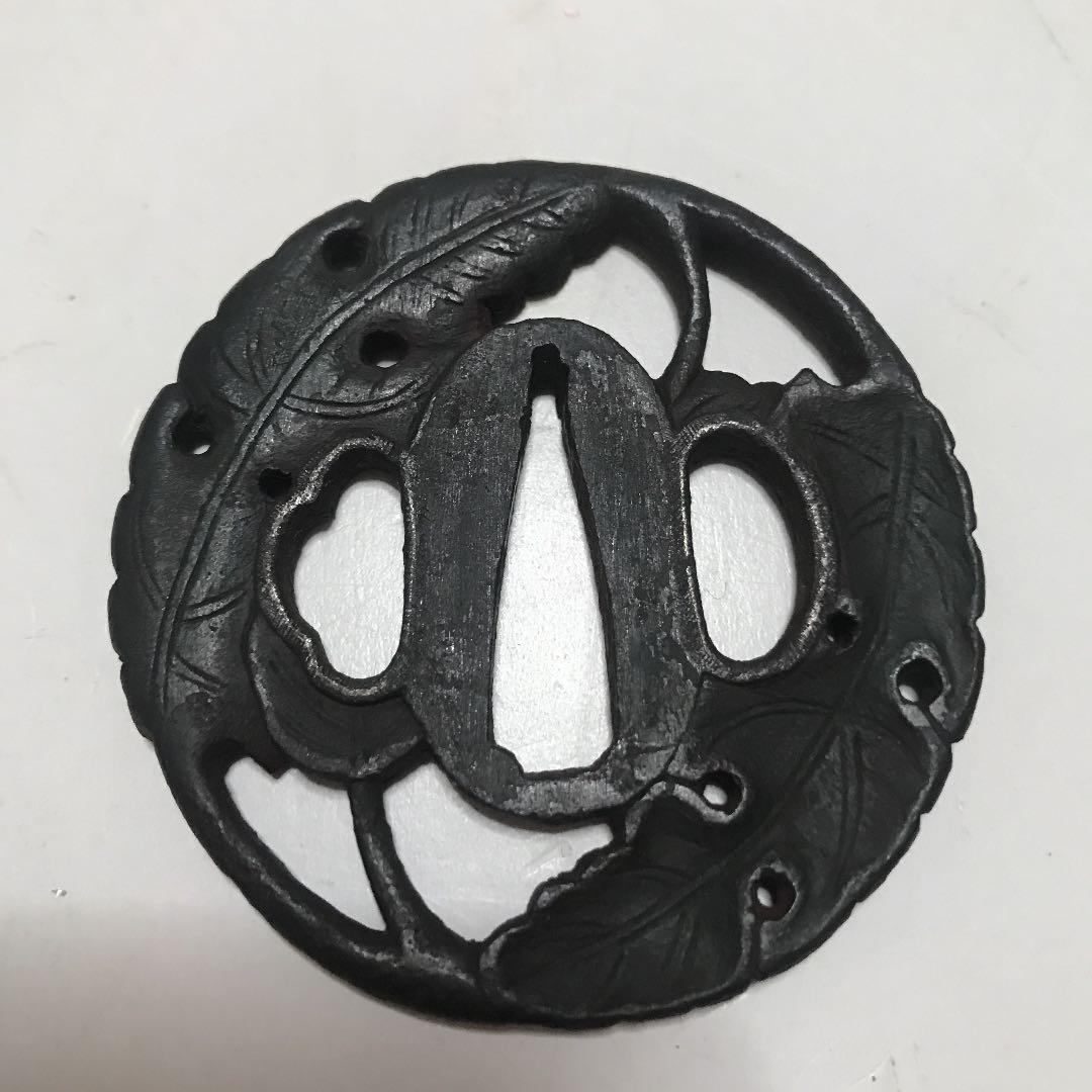 Antique Iron Tsuba Sword Guard Leaf Motif, Solid Iron, Kiri Box, 65 mm