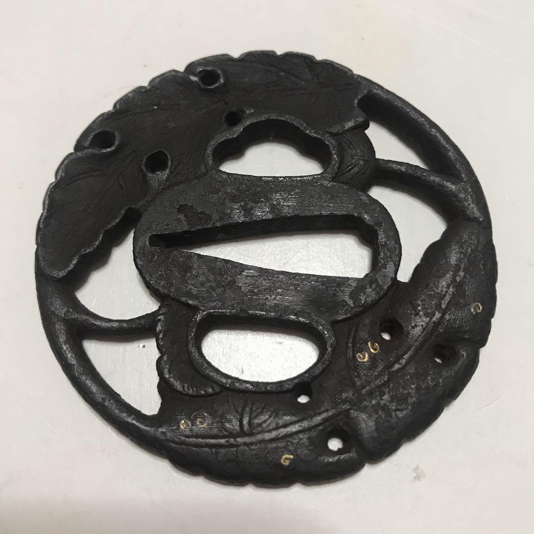Antique Iron Tsuba Sword Guard Leaf Motif, Solid Iron, Kiri Box, 65 mm