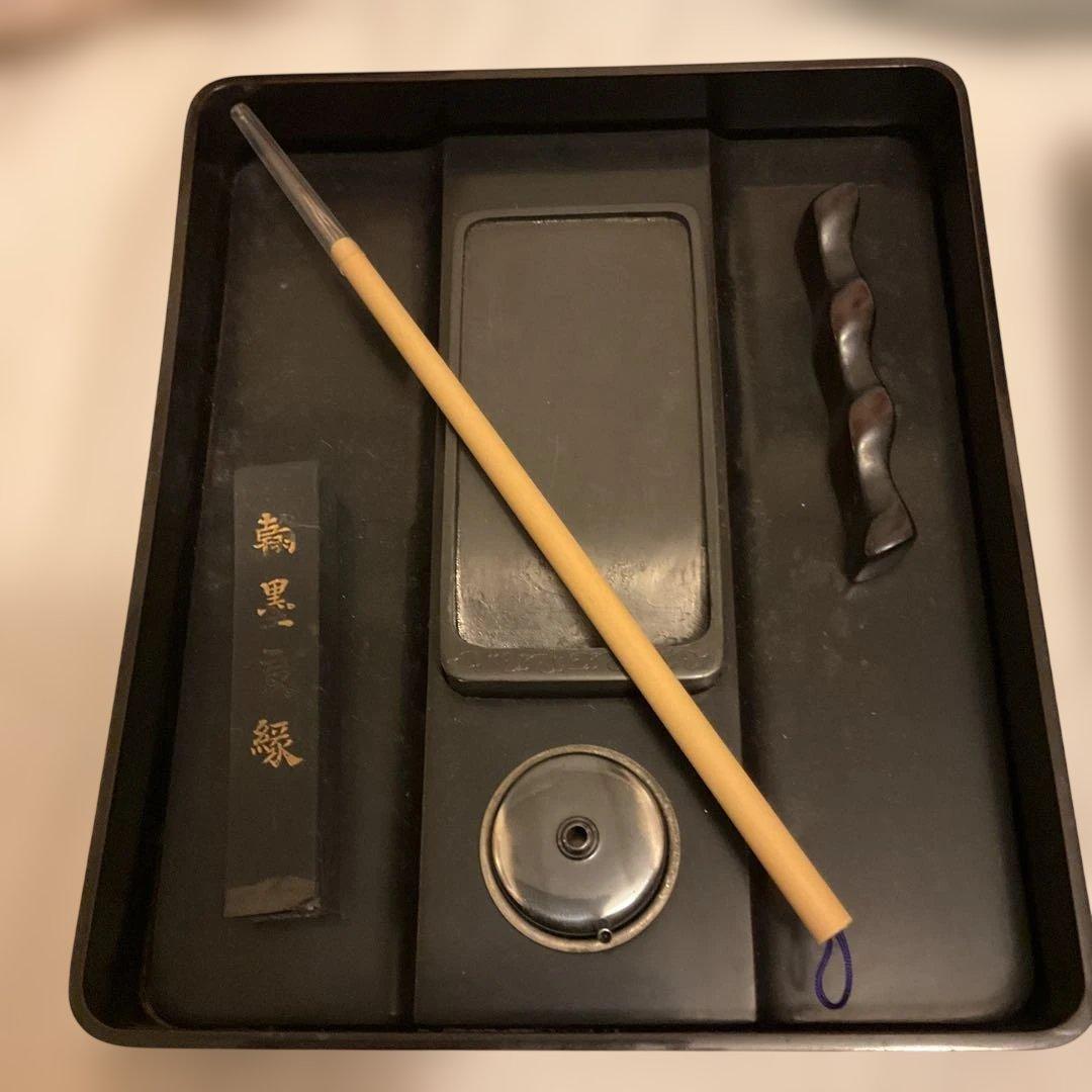 Japanese Maki-e Lacquer Writing Box Fumibako with Calligraphy Set, Gold Leaf 22.5 cm x 20 cm x 4.2 cm