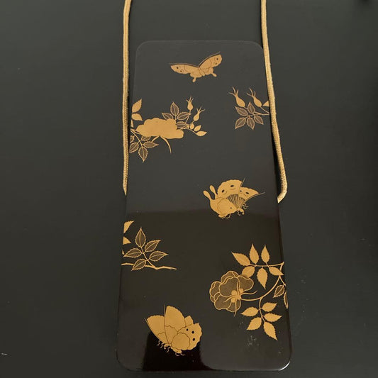 Antique Maki-e Lacquer Document Box Black Urushi Butterfly Peony Floral