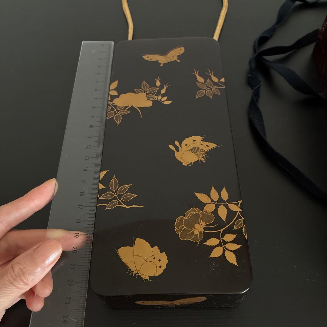 Antique Maki-e Lacquer Document Box Black Urushi Butterfly Peony Floral