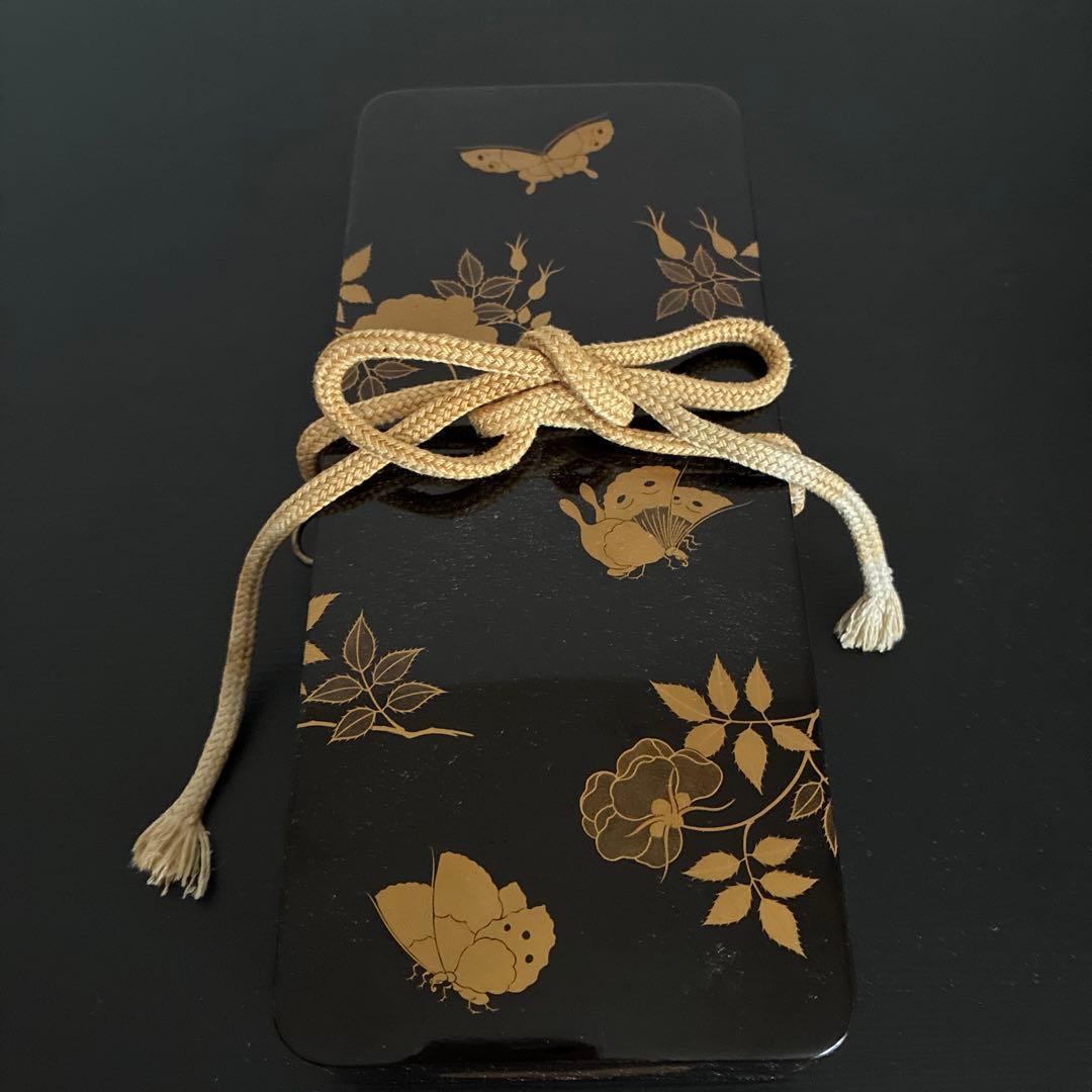 Antique Maki-e Lacquer Document Box Black Urushi Butterfly Peony Floral