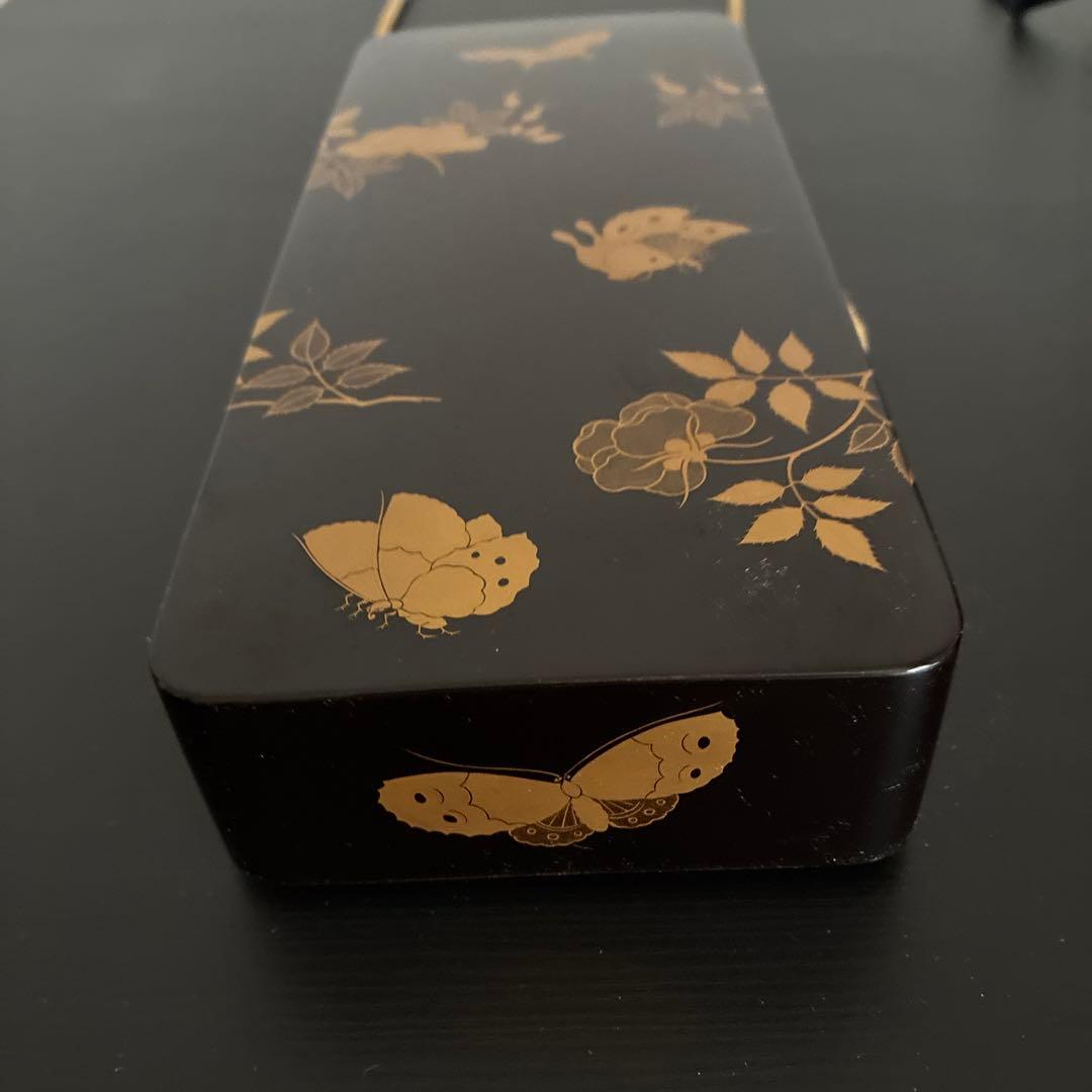 Antique Maki-e Lacquer Document Box Black Urushi Butterfly Peony Floral