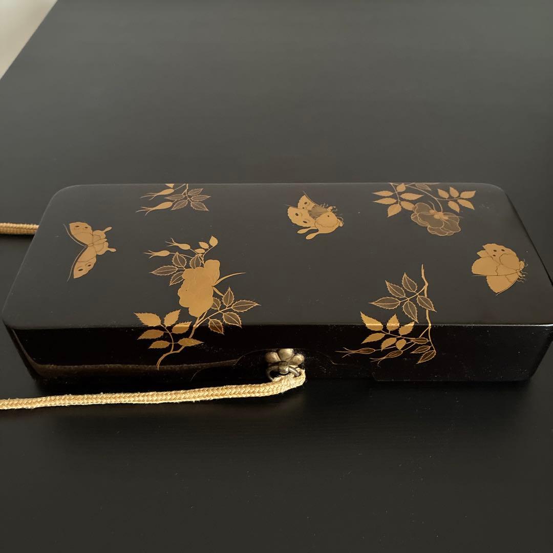 Antique Maki-e Lacquer Document Box Black Urushi Butterfly Peony Floral