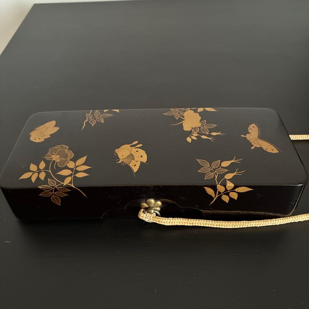 Antique Maki-e Lacquer Document Box Black Urushi Butterfly Peony Floral