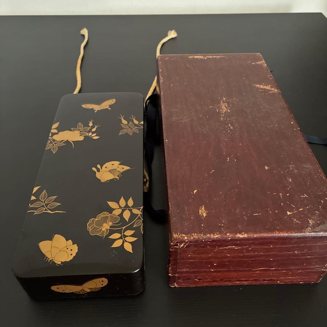 Antique Maki-e Lacquer Document Box Black Urushi Butterfly Peony Floral