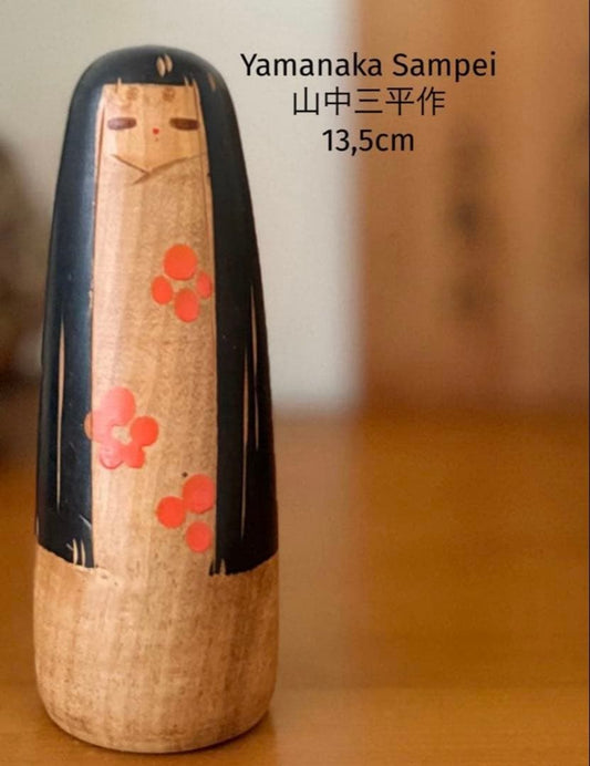 Yamanaka Sanpei Sosaku Kokeshi with Plum Blossom, Natural Wood-Grain Finish, 13.5 cm