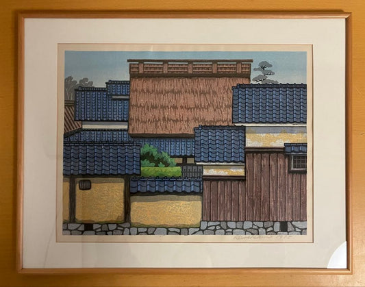 Junichiro Kawakami Woodblock Print 1975 Signed Framed Old Townscape Rooftops