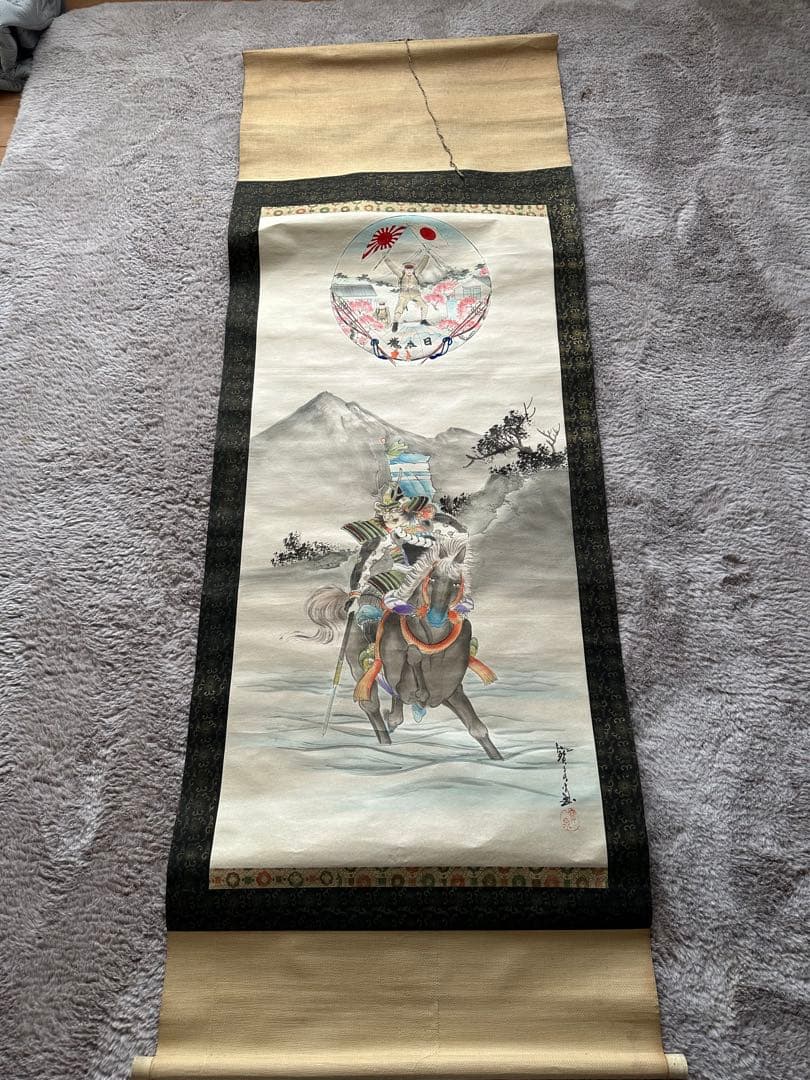 Japanese Hanging Scroll Kakejiku Mounted Samurai Warrior Musha-e Painting