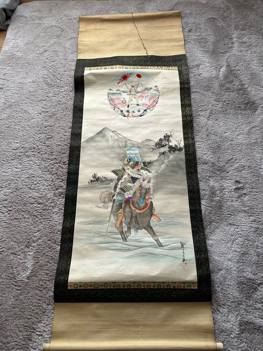Japanese Hanging Scroll Kakejiku Mounted Samurai Warrior Musha-e Painting