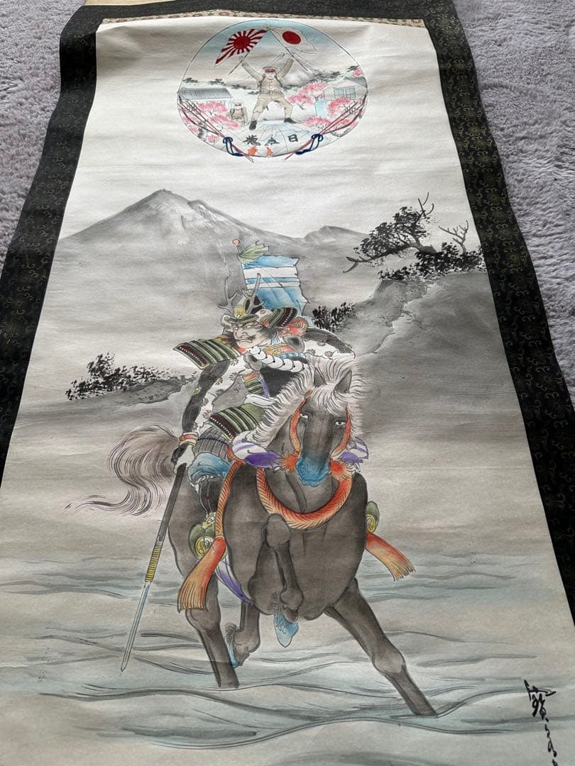 Japanese Hanging Scroll Kakejiku Mounted Samurai Warrior Musha-e Painting