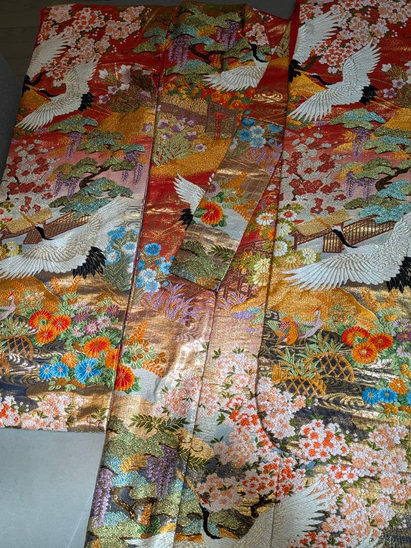 Iro-uchikake Wedding Kimono Karaori Silk with Cranes, Phoenix, Pine and Seasonal Flowers
