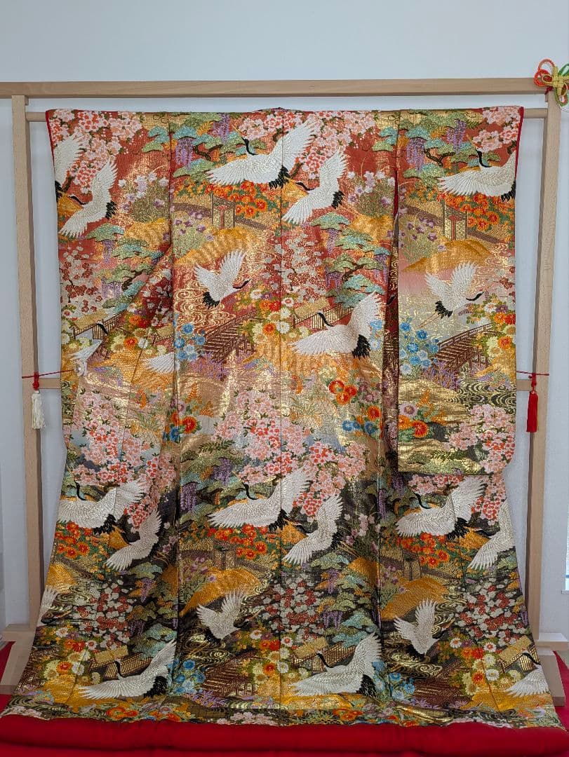 Iro-uchikake Wedding Kimono Karaori Silk with Cranes, Phoenix, Pine and Seasonal Flowers