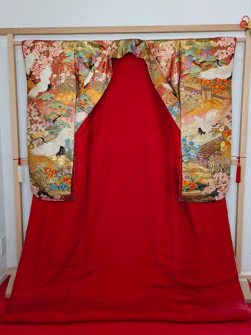 Iro-uchikake Wedding Kimono Karaori Silk with Cranes, Phoenix, Pine and Seasonal Flowers