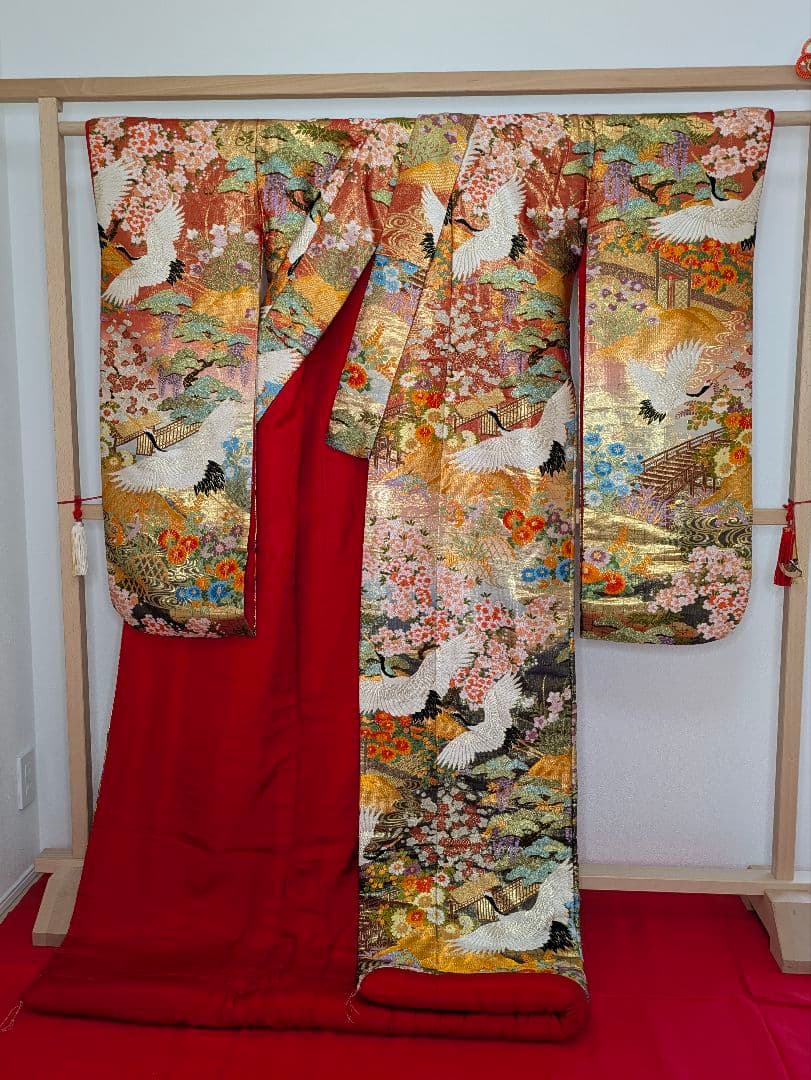 Iro-uchikake Wedding Kimono Karaori Silk with Cranes, Phoenix, Pine and Seasonal Flowers