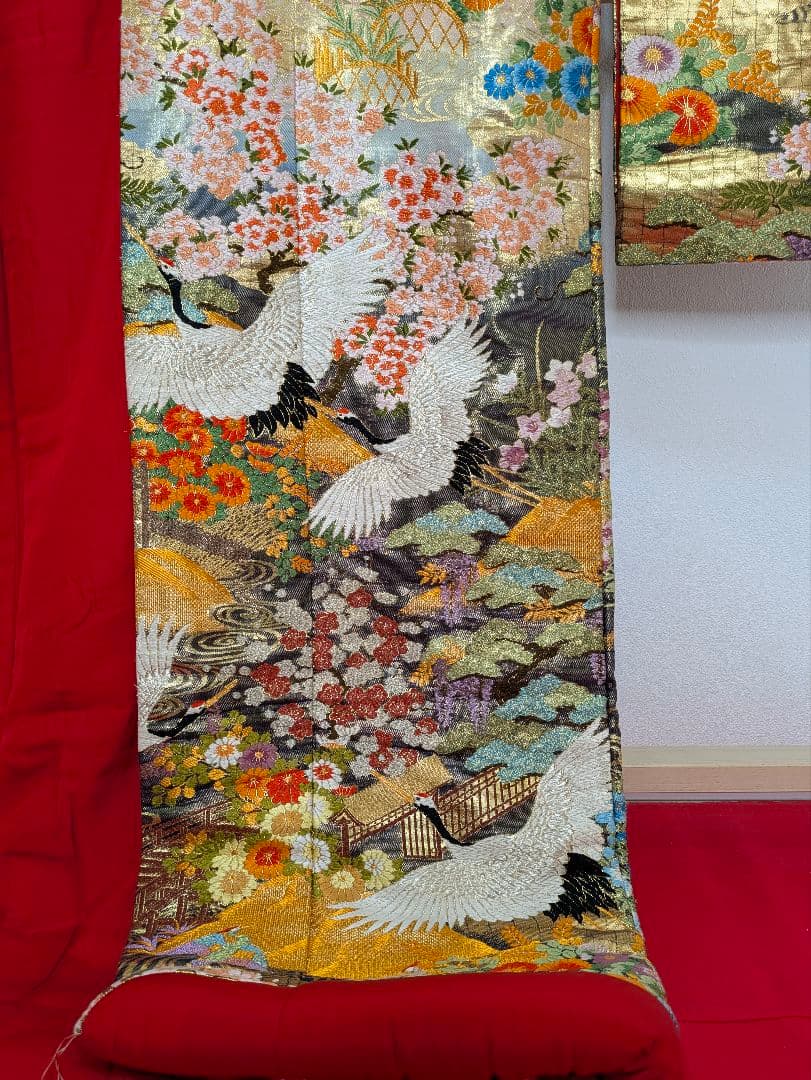 Iro-uchikake Wedding Kimono Karaori Silk with Cranes, Phoenix, Pine and Seasonal Flowers