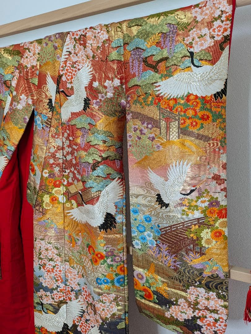 Iro-uchikake Wedding Kimono Karaori Silk with Cranes, Phoenix, Pine and Seasonal Flowers